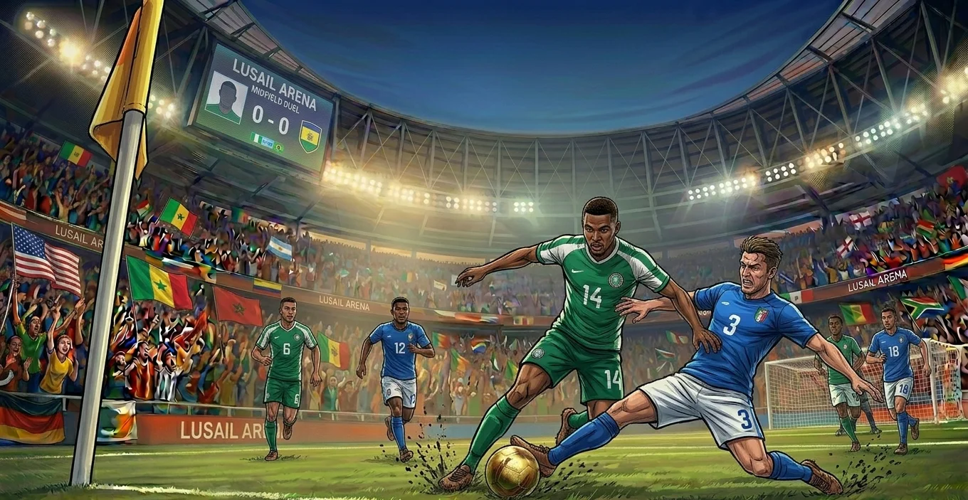 A duel near the corner flag during a tense World Cup group stage match