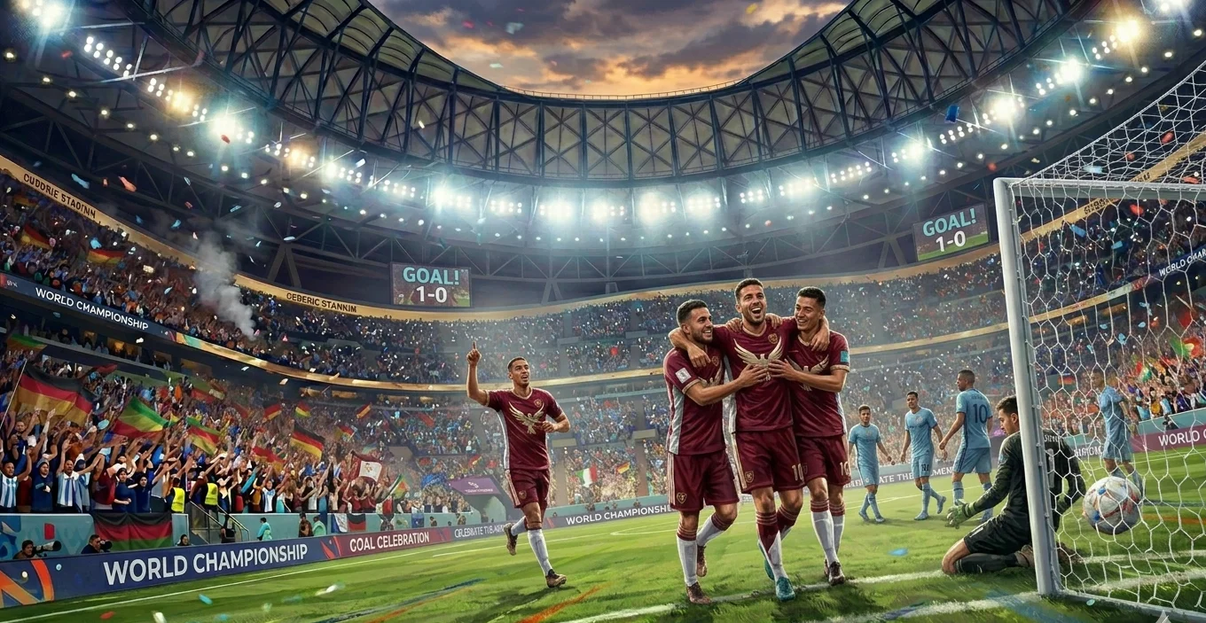Players celebrating a goal during a live broadcast match in front of a packed stadium of fans