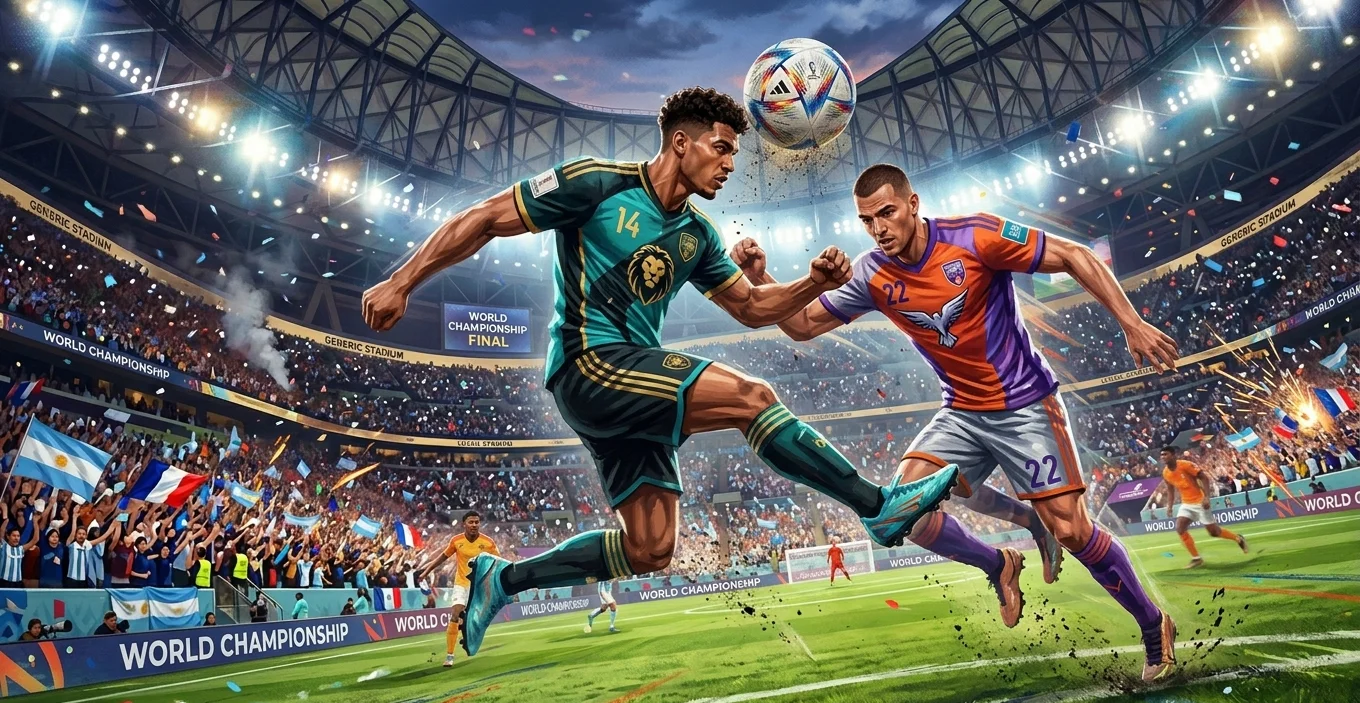 An aerial header duel between two players competing for the ball in a packed stadium