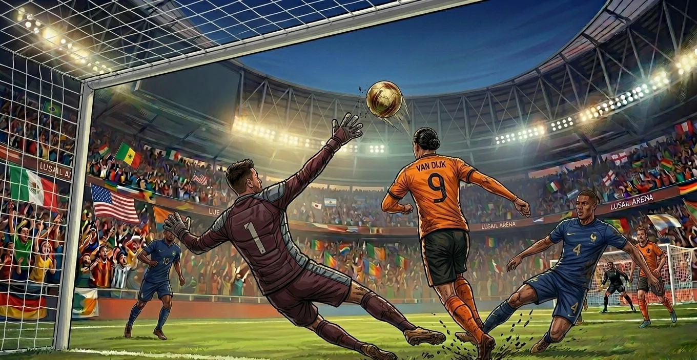 A header attempt on goal during a World Cup match in front of a packed crowd