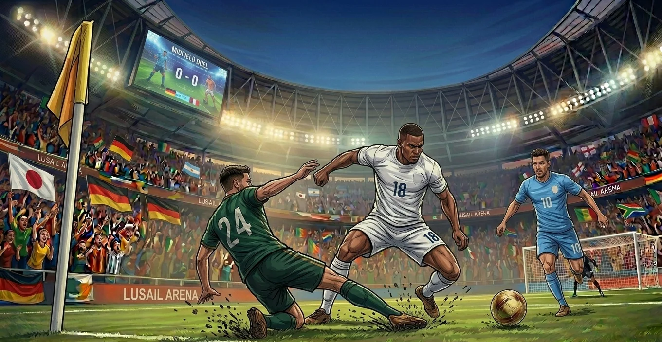 A midfielder making a sliding tackle to win possession during a high-stakes World Cup match