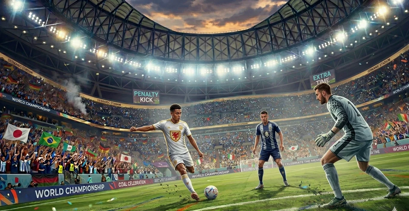 A World Cup penalty kick being taken in extra time with a packed stadium of fans behind the goal