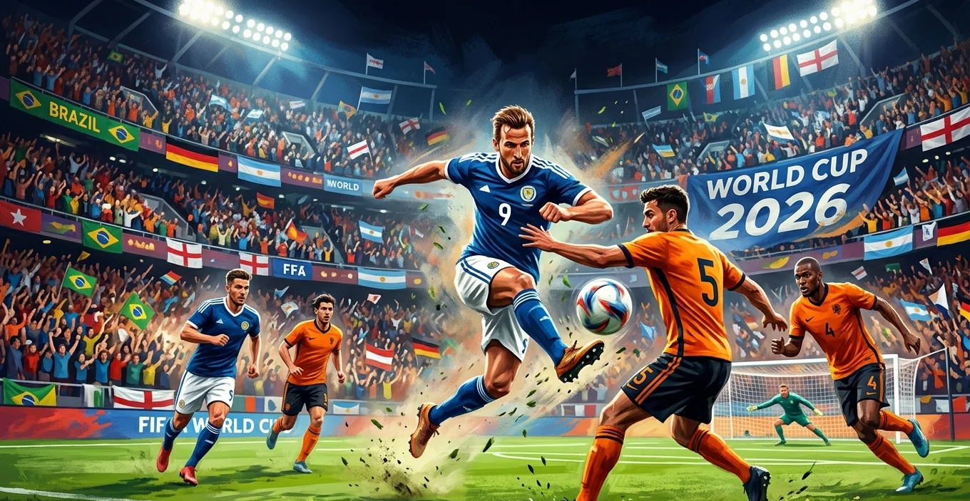 Live action from a 2026 World Cup match with players competing in front of a crowd of fans waving national flags